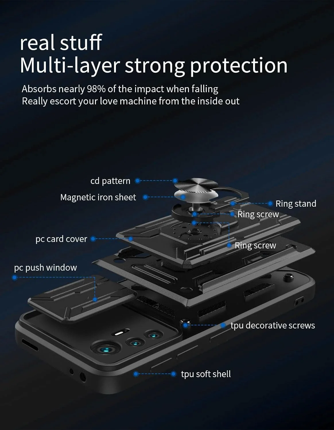 قاب محافظ مقاوم CCSmall برای گوشی شیائومی 12 پرو (نه 12)، دارای حلقه مغناطیسی، پایه و محافظ کشویی دوربین به همراه جای کارت، رنگ مشکی