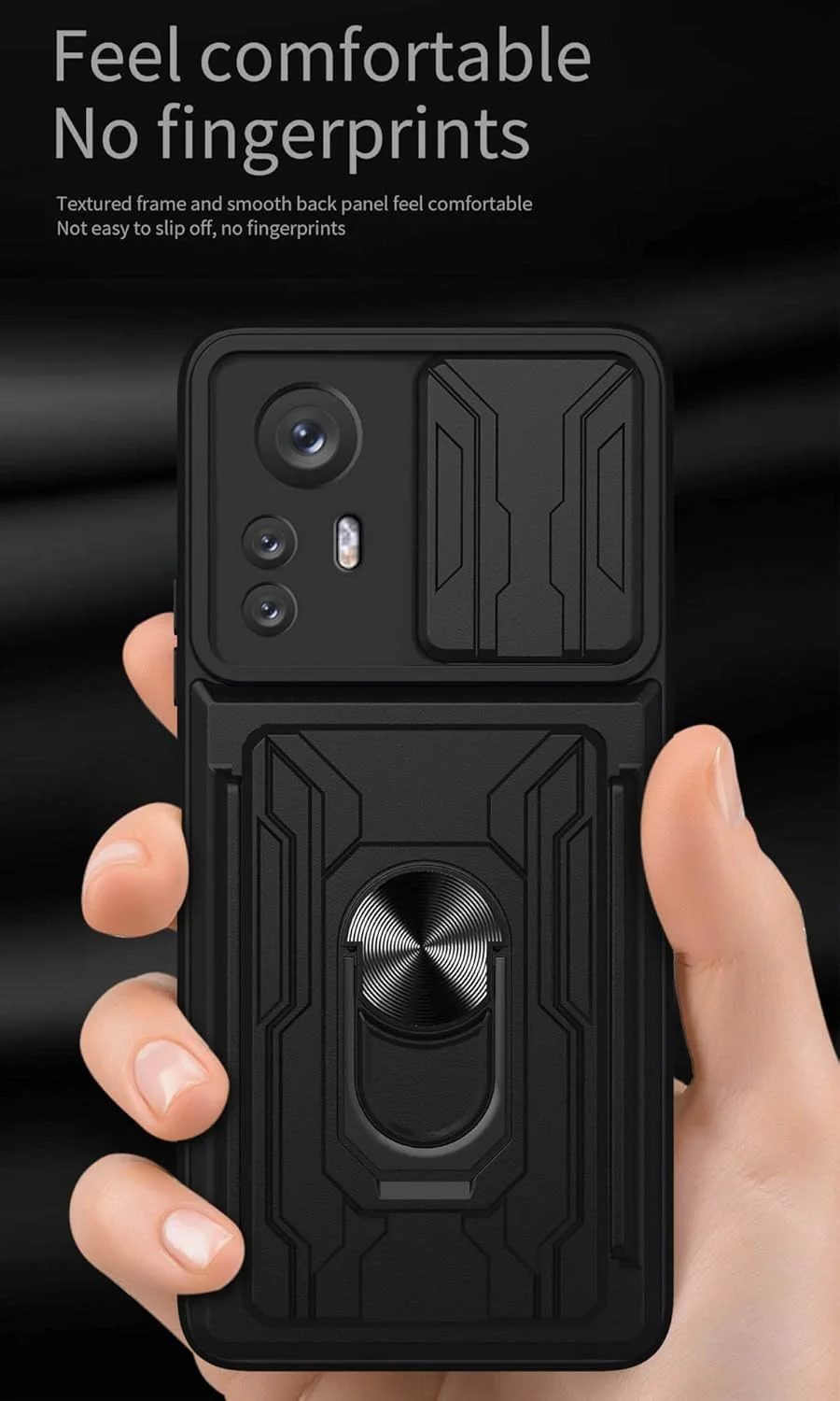 قاب محافظ مقاوم CCSmall برای گوشی شیائومی 12 پرو (نه 12)، دارای حلقه مغناطیسی، پایه و محافظ کشویی دوربین به همراه جای کارت، رنگ مشکی