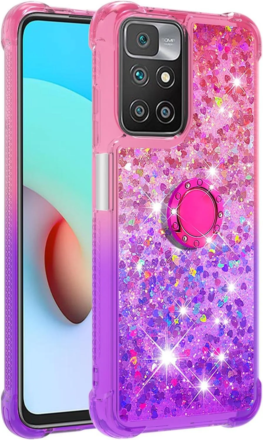 قاب محافظ گوشی شیائومی ردمی 10 با حلقه مغناطیسی، طرح شن روان اکلیلی شناور مایع، دخترانه و بامزه، کاور شفاف TPU برای شیائومی ردمی 10، رنگ صورتی بنفش