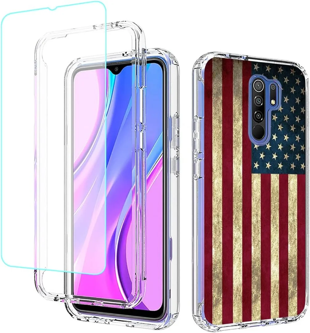 کاور محافظ گوشی ردمی 9 / ردمی 9 پرایم / پوکو M2 مدل M2004J19PI به همراه محافظ صفحه نمایش شیشه ای، کاور محافظ تمام بدنه طرح گلدار زیبا و ضد ضربه برای گوشی شیائومی ردمی 9 (طرح پرچم)