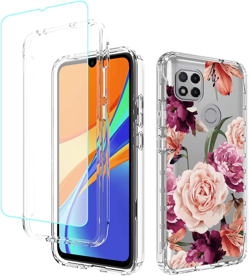 کاور محافظ گوشی شیائومی ردمی 9C / ردمی 10A / ردمی 9 اکتیو، بامپر گلدار زیبا، ضد ضربه، محافظ کامل بدنه (گل بنفش) به همراه محافظ صفحه نمایش شیشه ای