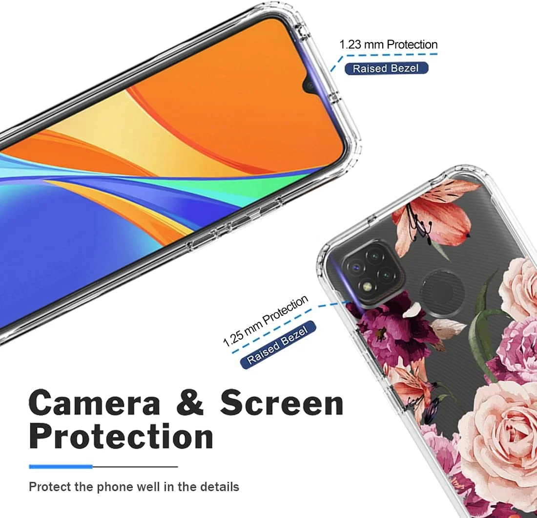 کاور محافظ گوشی شیائومی ردمی 9C / ردمی 10A / ردمی 9 اکتیو، بامپر گلدار زیبا، ضد ضربه، محافظ کامل بدنه (گل بنفش) به همراه محافظ صفحه نمایش شیشه ای