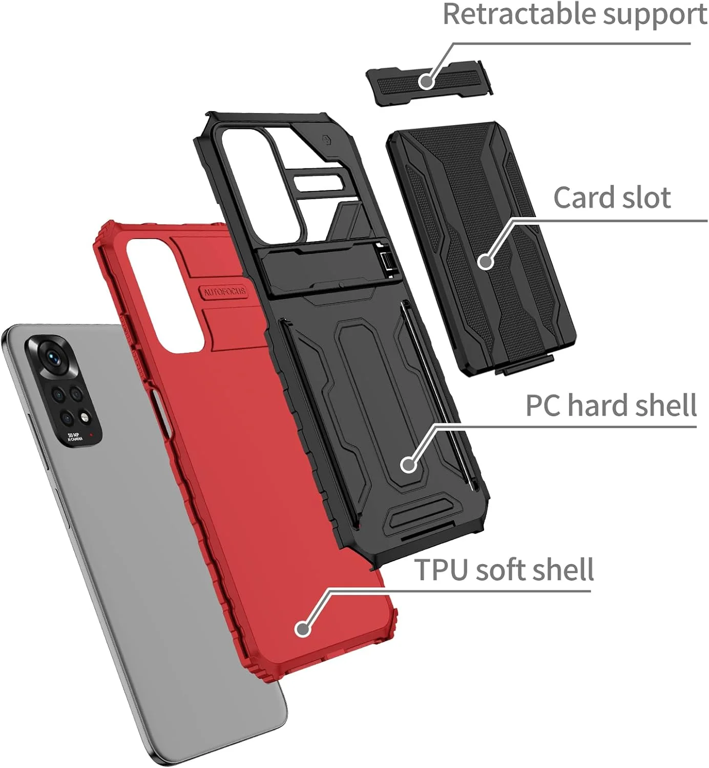 کیف محافظ گوشی شیائومی ردمی نوت 11 نسخه 4G/نوت 11S/ردمی نوت 12S به همراه جای کارت و پایه تاشو، ضد ضربه