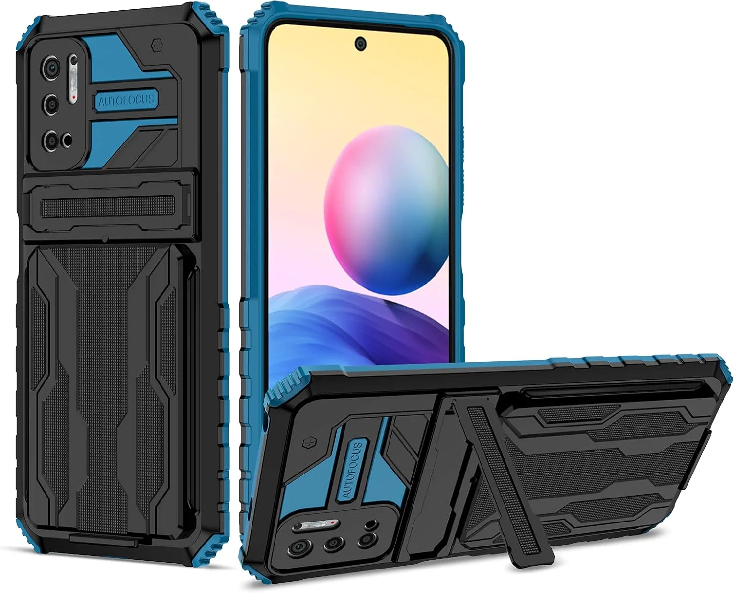 کاور محافظ گوشی شیائومی ردمی نوت 10 5G / پوکو M3 پرو / ردمی نوت 10T 5G با جای کارت و استند تاشو، ضد ضربه - آبی