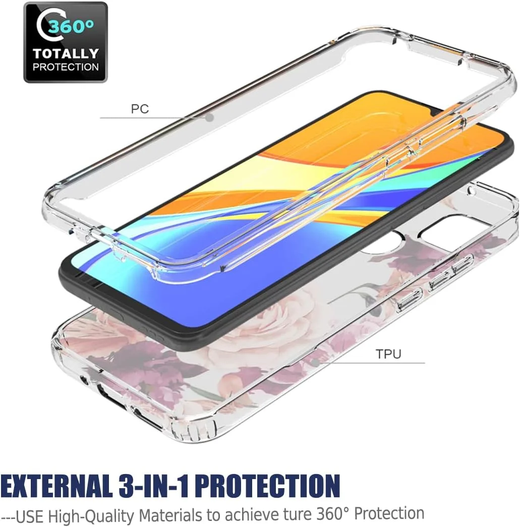 کاور محافظ گوشی شیائومی ردمی 9C / ردمی 10A / ردمی 9 اکتیو، بامپر گلدار زیبا، ضد ضربه، محافظ کامل بدنه (گل بنفش) به همراه محافظ صفحه نمایش شیشه ای