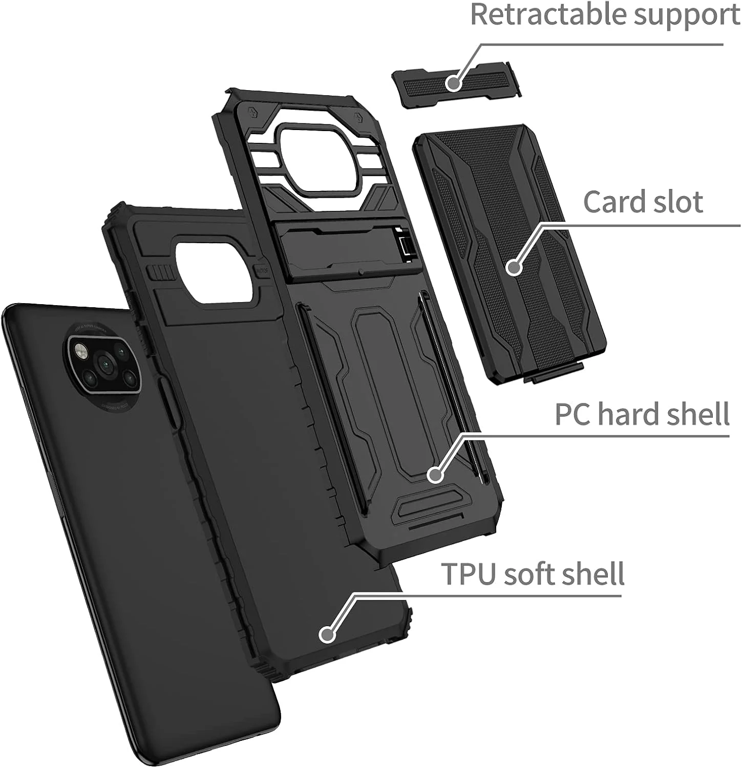 کاور گوشی شیائومی پوکو ایکس 3 ان اف سی/پوکو ایکس 3 پرو، مدل M2007J20CG، دارای کیف پول و جای کارت جداشدنی، پایه تاشو و محافظ ضد ضربه - مشکی