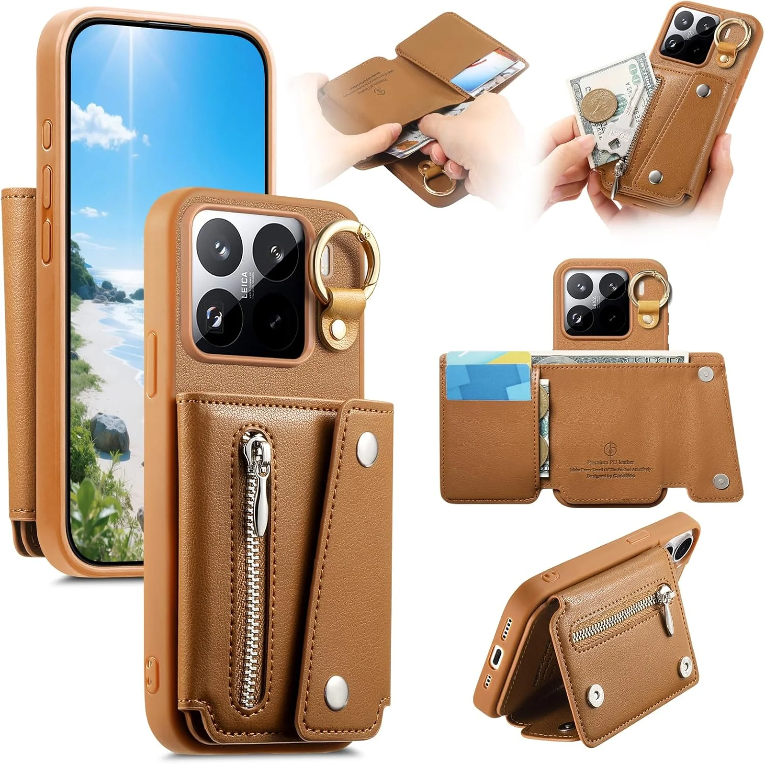 کیف پول موبایل Asuwish برای Xiaomi 15 Pro، کاور محافظ گوشی با استند، کیف زیپ دار و جای کارت اعتباری، مناسب برای Xiaomi 15Pro 5G، قهوه ای