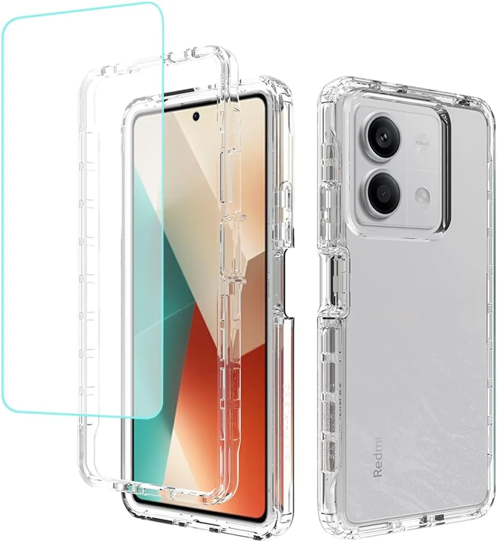 کاور شفاف سازگار با ردمی نوت 13 5G مدل 2312DRAABG به همراه محافظ صفحه نمایش شیشه ای حرارت دیده، کاور محافظ ضد ضربه بامپر کریستالی زیبا برای شیائومی ردمی نوت 13 5G شفاف