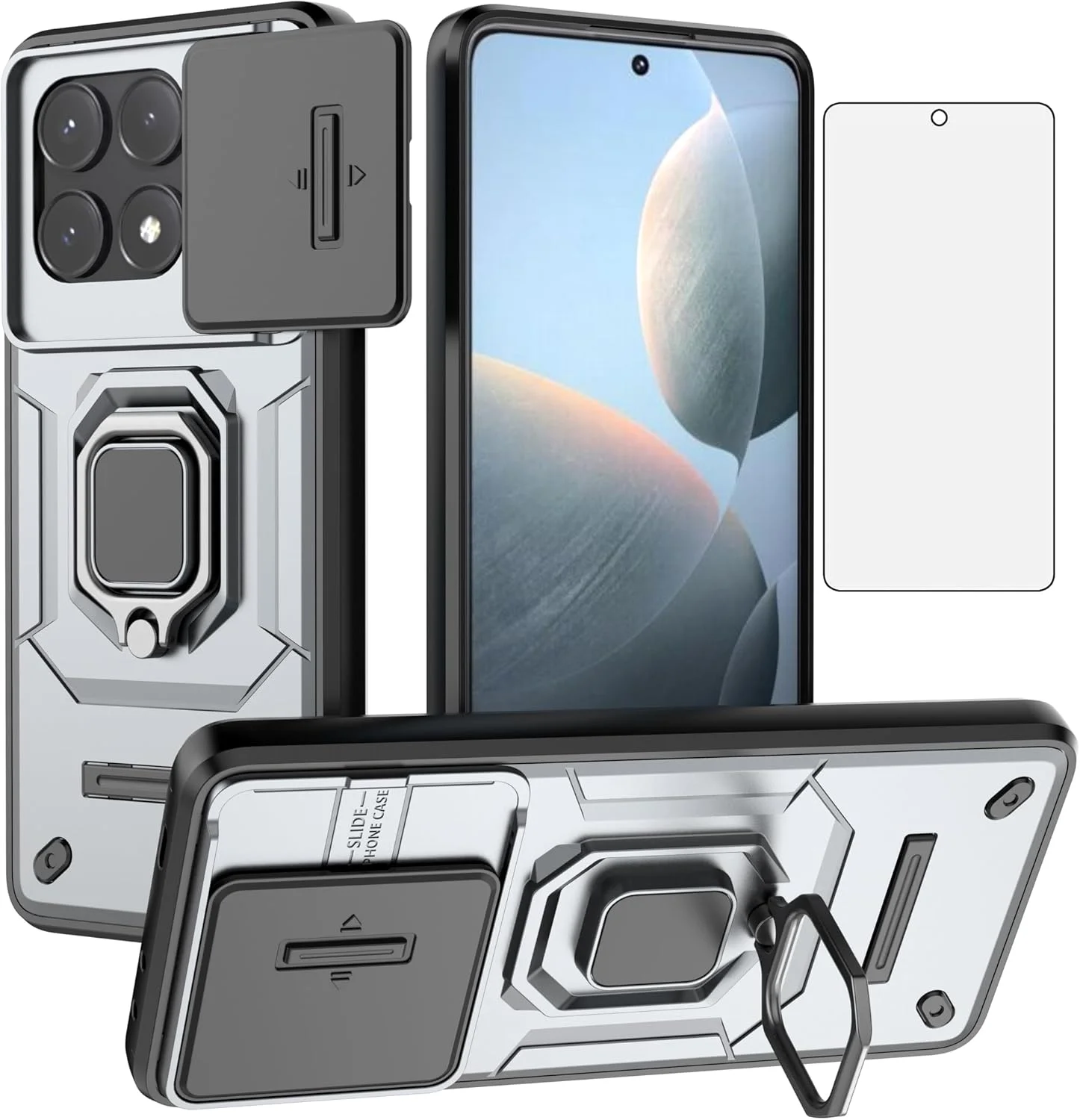 کاور گوشی آسویش برای شیائومی ردمی K70E / پوکو X6 پرو با پوشش کشویی دوربین، محافظ صفحه نمایش شیشه ای حرارت دیده، حلقه نگهدارنده، محافظ باریک و مقاوم، ترکیبی، مناسب خانم ها و آقایان - خاکستری