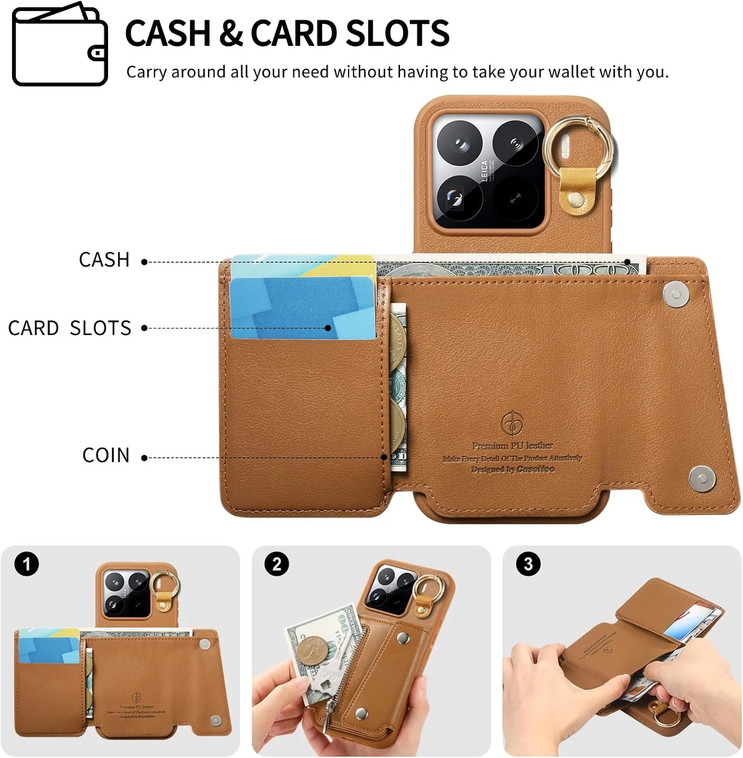 کیف پول موبایل Asuwish برای Xiaomi 15 Pro، کاور محافظ گوشی با استند، کیف زیپ دار و جای کارت اعتباری، مناسب برای Xiaomi 15Pro 5G، قهوه ای