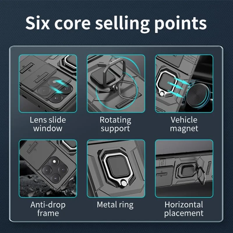 کاور گوشی آسویش برای شیائومی ردمی K70E / پوکو X6 پرو با پوشش کشویی دوربین، محافظ صفحه نمایش شیشه ای حرارت دیده، حلقه نگهدارنده، محافظ باریک و مقاوم، ترکیبی، مناسب خانم ها و آقایان - خاکستری