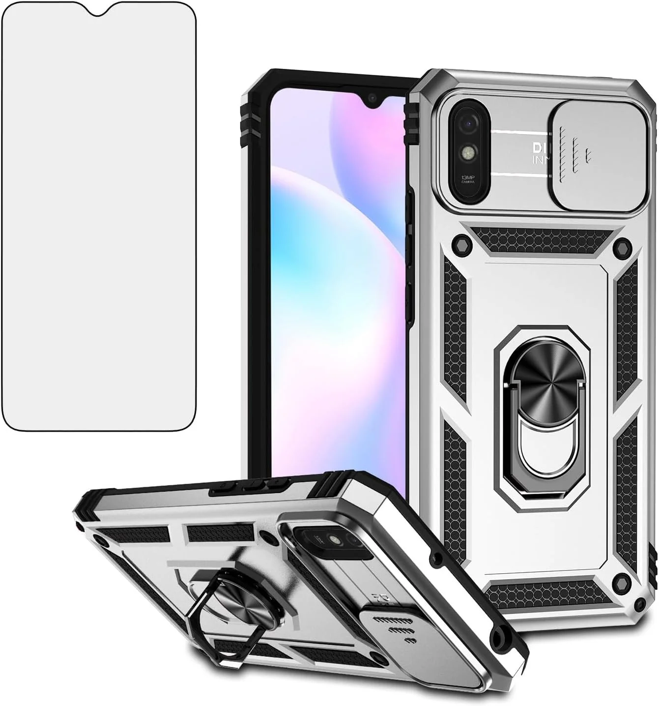 قاب گوشی آسویش برای شیائومی ردمی 9A 9AT ردمی 9i با پوشش کشویی دوربین، محافظ صفحه نمایش شیشه ای حرارت دیده، حلقه نگهدارنده، محافظ باریک و مقاوم گوشی ردمی 9A A9 ردمی 9i i9 مناسب بانوان و آقایان - سفید