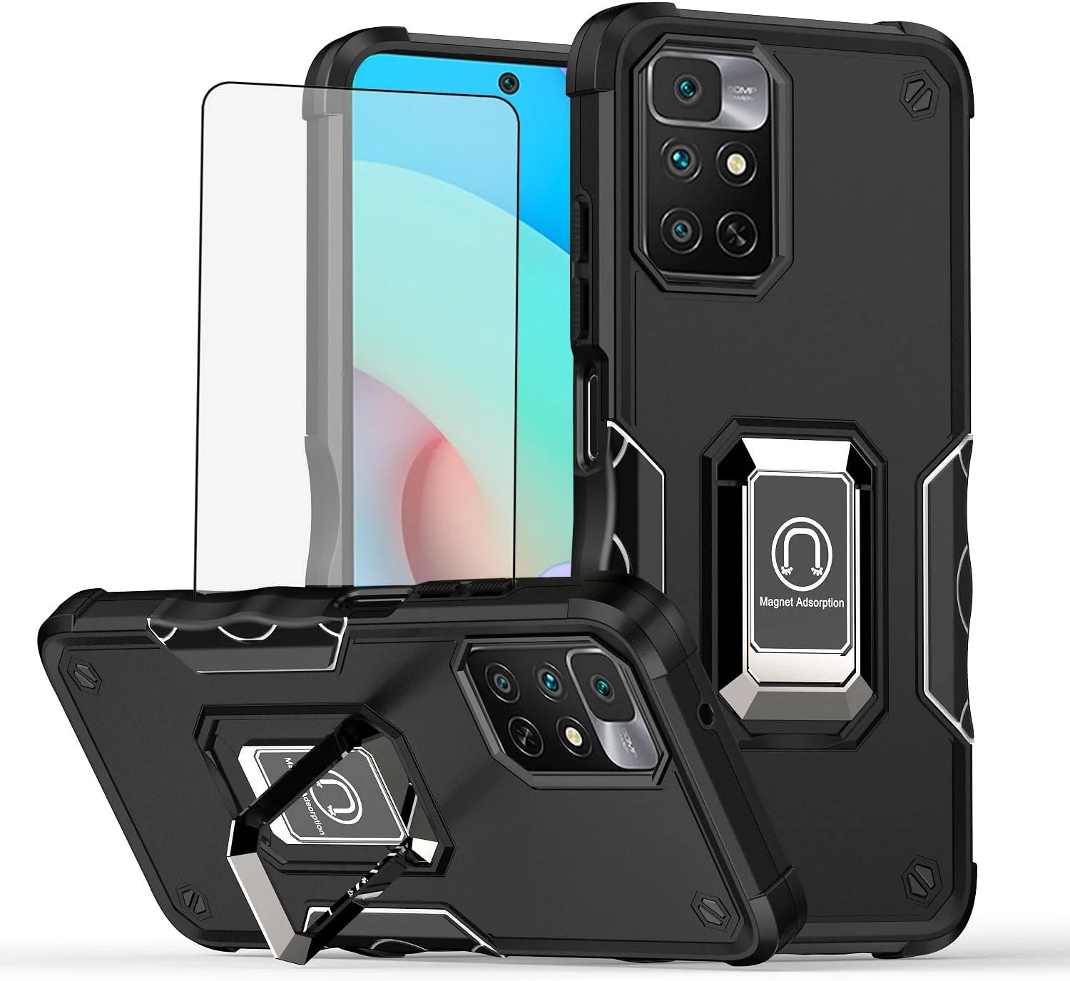 کاور گوشی آسویش برای شیائومی ردمی نوت 12 پرو 4G / ردمی نوت 11 پرو 5G به همراه محافظ صفحه نمایش و استند انگشتی باریک، مقاوم و بادوام - مشکی