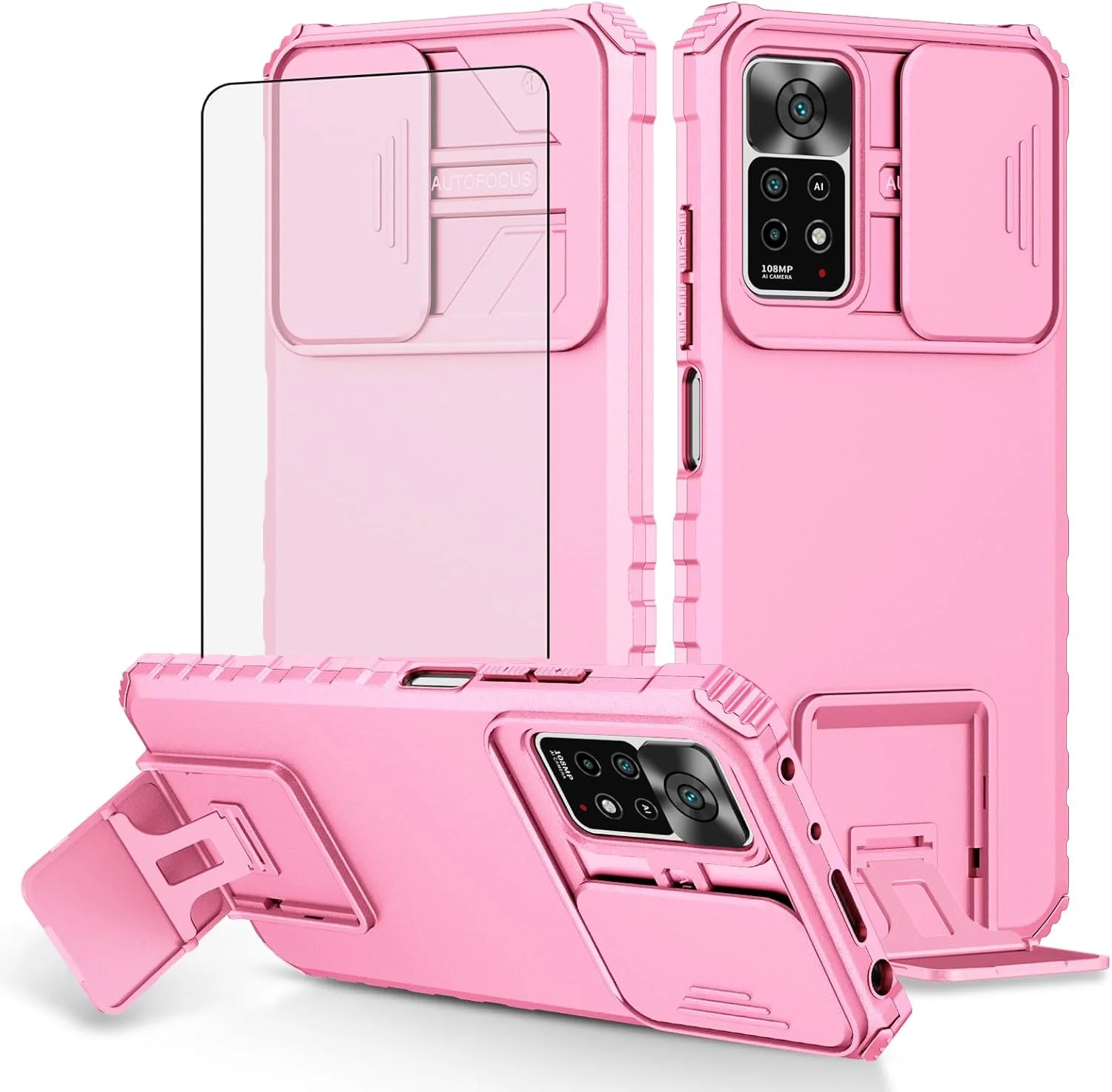 قاب گوشی آسویش برای شیائومی ردمی نوت 11 پرو 4G/5G به همراه محافظ صفحه نمایش شیشه ای و پوشش کشویی دوربین، دارای پایه نگهدارنده، لوازم جانبی محافظ تلفن همراه، ردمی نوت 11 11E 11Pro، مناسب بانوان و آقایان، صورتی