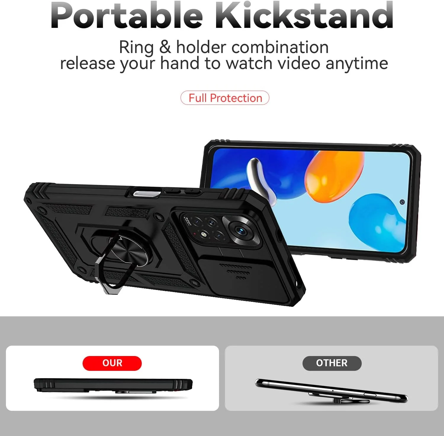 کاور گوشی آسویش برای شیائومی ردمی نوت 11S/11 4G با پوشش کشویی دوربین، محافظ صفحه نمایش شیشه ای حرارت دیده، حلقه نگهدارنده، مقاوم و باریک مناسب برای ردمی نوت 11 اس نوت 11S زنانه مردانه مشکی