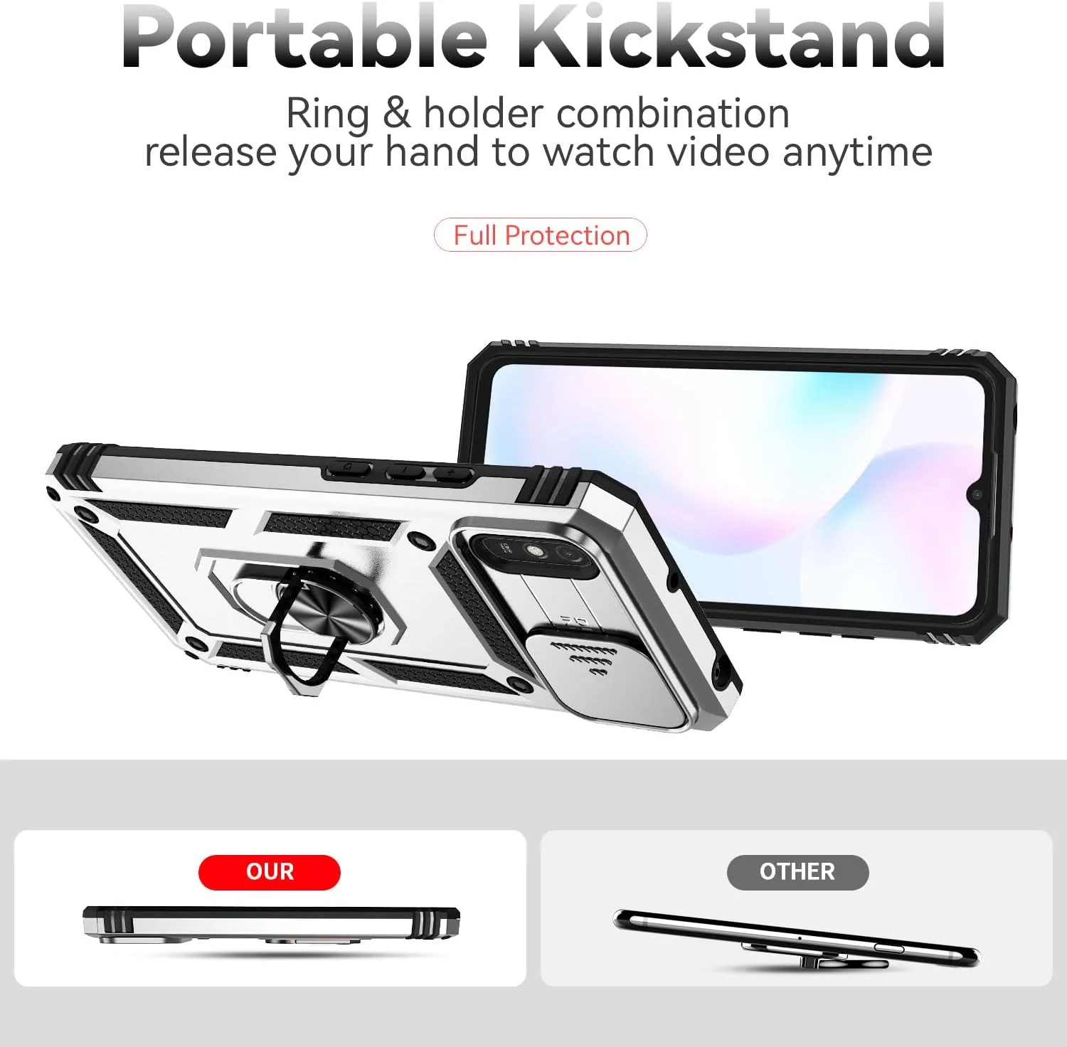 قاب گوشی آسویش برای شیائومی ردمی 9A 9AT ردمی 9i با پوشش کشویی دوربین، محافظ صفحه نمایش شیشه ای حرارت دیده، حلقه نگهدارنده، محافظ باریک و مقاوم گوشی ردمی 9A A9 ردمی 9i i9 مناسب بانوان و آقایان - سفید