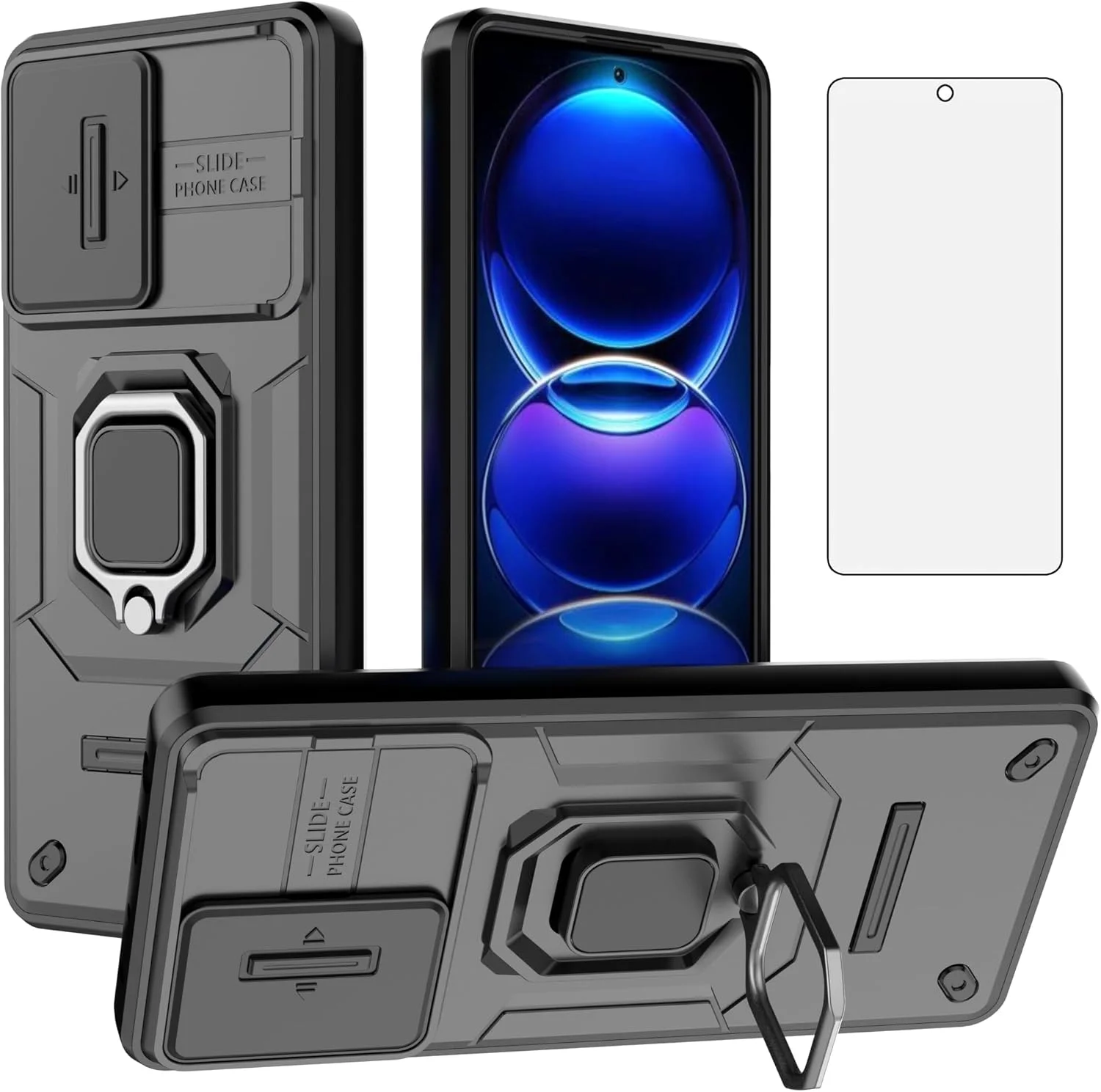 قاب گوشی آسویش برای شیائومی ردمی نوت 12 پرو پلاس با پوشش کشویی دوربین، محافظ صفحه نمایش شیشه ای حرارت دیده، حلقه نگهدارنده، مقاوم، باریک، محافظ درجه نظامی هیبریدی، مناسب برای خانم ها و آقایان - مشکی