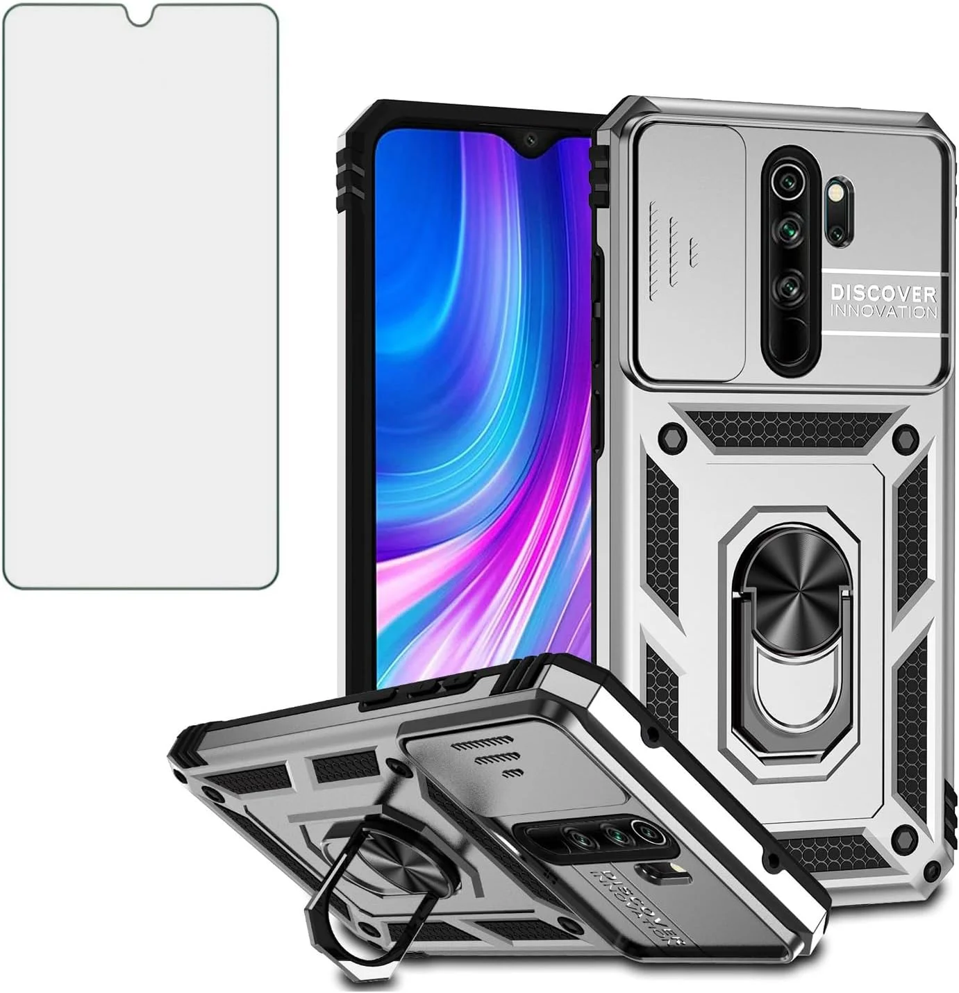 قاب گوشی آسویش برای شیائومی ردمی نوت 8 پرو با پوشش کشویی دوربین، محافظ صفحه نمایش شیشه ای حرارت دیده، حلقه نگهدارنده، مقاوم و باریک، محافظ تلفن همراه ردمی نوت 8 پرو، مناسب برای خانم ها، آقایان و استفاده های سنگین - سفید