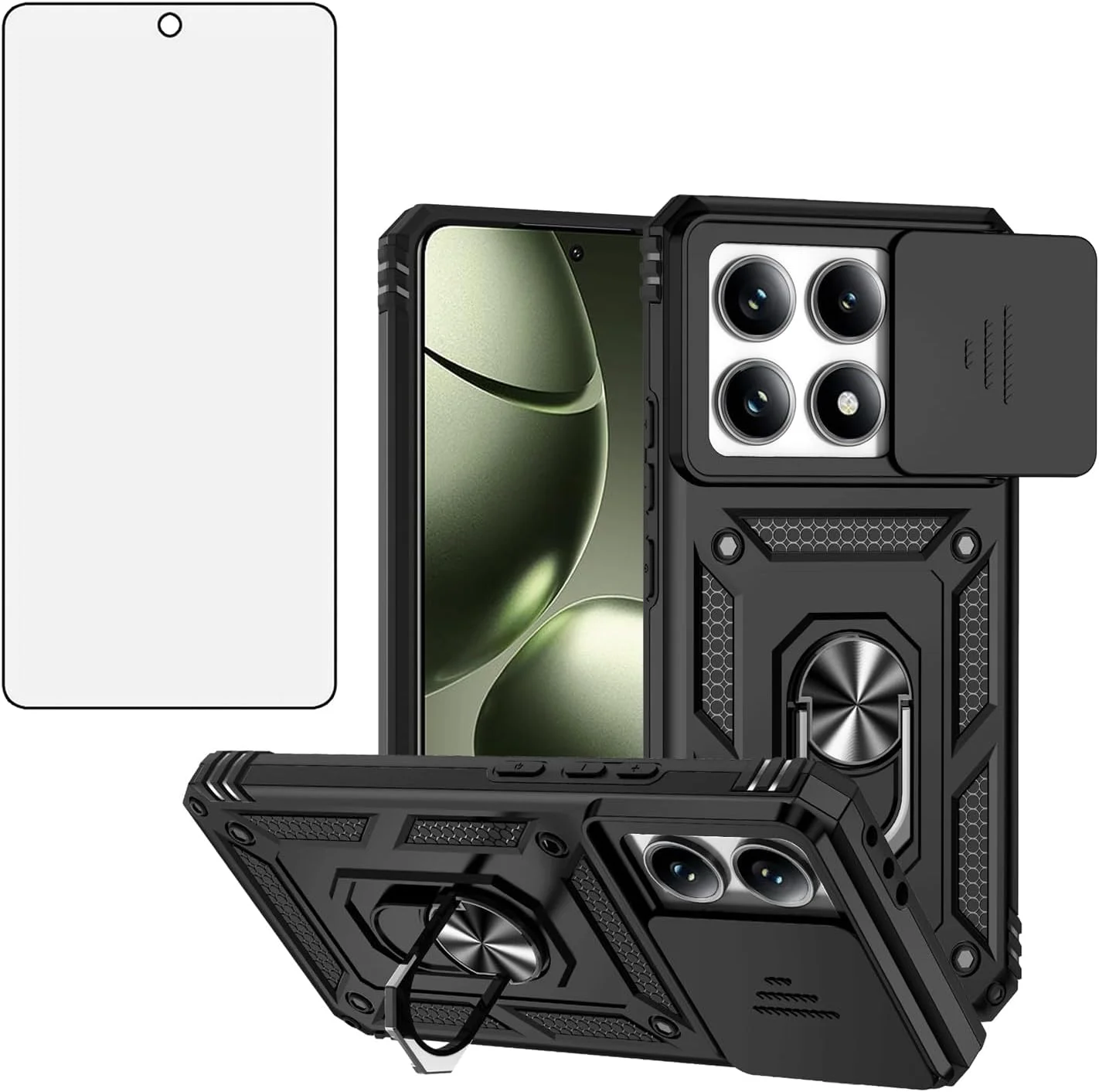 قاب گوشی آسویش برای شیائومی 14T با پوشش کشویی دوربین، محافظ صفحه نمایش شیشه ای حرارت دیده، حلقه نگهدارنده، مقاوم، باریک، محافظ تلفن همراه Mi 14 T T14 5G، مناسب خانم ها و آقایان، درجه نظامی، ترکیبی، آهنربایی، مشکی