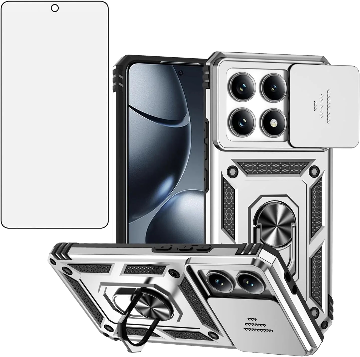 قاب گوشی آسویش برای شیائومی 14T Pro با پوشش کشویی دوربین، محافظ صفحه نمایش شیشه ای حرارت دیده، حلقه نگهدارنده، مقاوم، باریک، محافظ تلفن همراه Mi 14TPro 14 T T14 5G مناسب بانوان و آقایان، درجه نظامی، ترکیبی، سفید