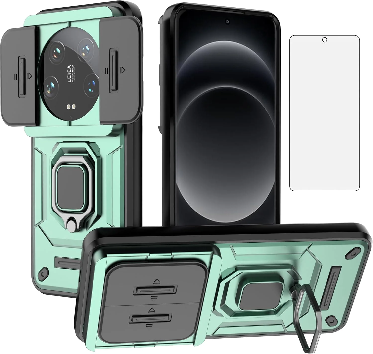 قاب گوشی آسویش برای شیائومی 14 اولترا 5G با پوشش کشویی دوربین، محافظ صفحه نمایش شیشه ای حرارت دیده، حلقه نگهدارنده، محافظ باریک و مقاوم درجه نظامی هیبریدی، مناسب خانم ها و آقایان، سبز