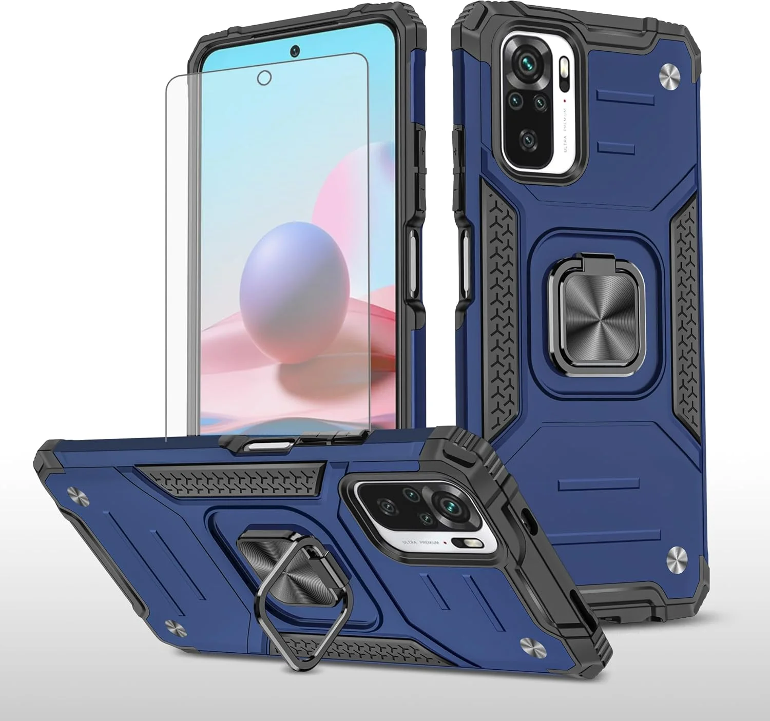 کاور گوشی موبایل آسویش مناسب برای شیائومی ردمی نوت 10/10S 4G به همراه محافظ صفحه نمایش شیشه ای و استند انگشتی باریک و محافظ هیبریدی - ردمی نوت 10 اس - آبی