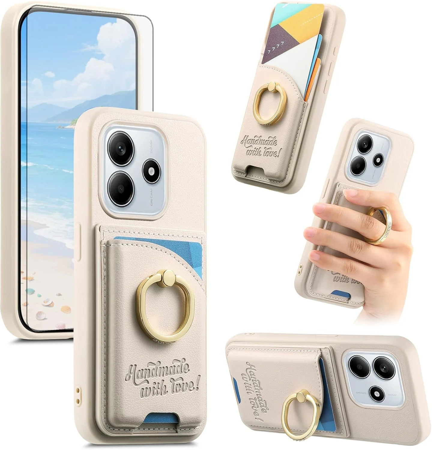 کیف پول گوشی آسویش برای شیائومی ردمی نوت ۱۴ فورجی با محافظ صفحه نمایش شیشه ای و نگهدارنده کارت اعتباری چرمی PU، لوازم جانبی تلفن همراه نوت ۱۴ جی ۴، مناسب بانوان و آقایان - سفید