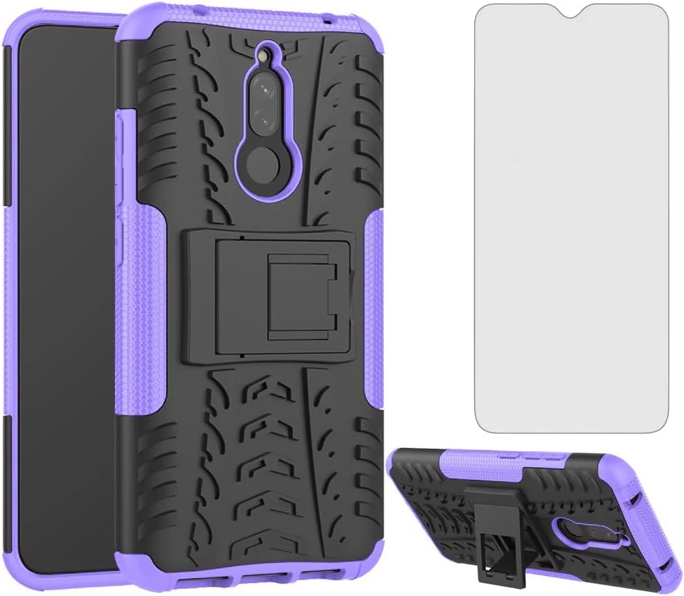 کاور محافظ گوشی آسویش برای شیائومی ردمی 8A ردمی 8 به همراه محافظ صفحه نمایش شیشه ای و پایه باریک، مقاوم و بادوام - مناسب برای ردمی 8A A8 ردمی 8 - بنفش