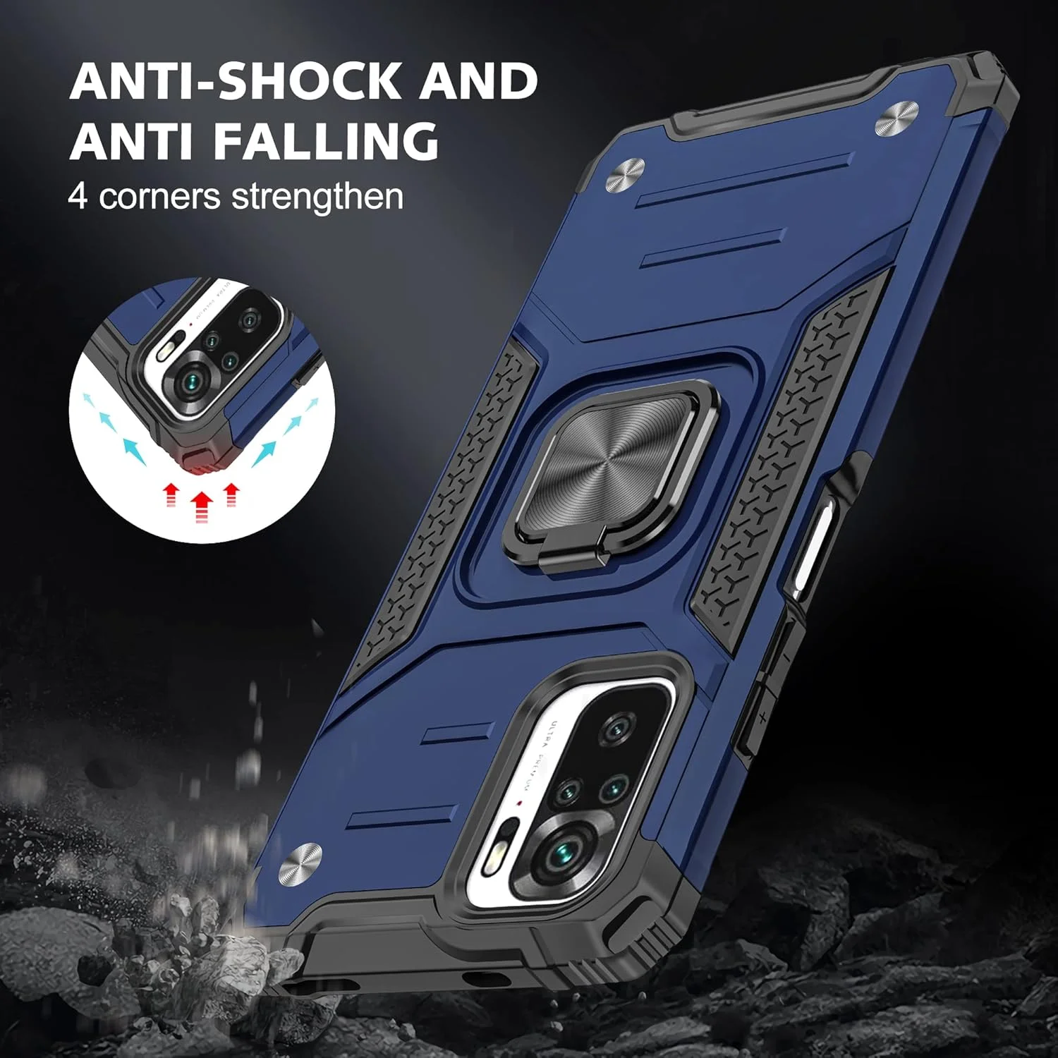 کاور گوشی موبایل آسویش مناسب برای شیائومی ردمی نوت 10/10S 4G به همراه محافظ صفحه نمایش شیشه ای و استند انگشتی باریک و محافظ هیبریدی - ردمی نوت 10 اس - آبی