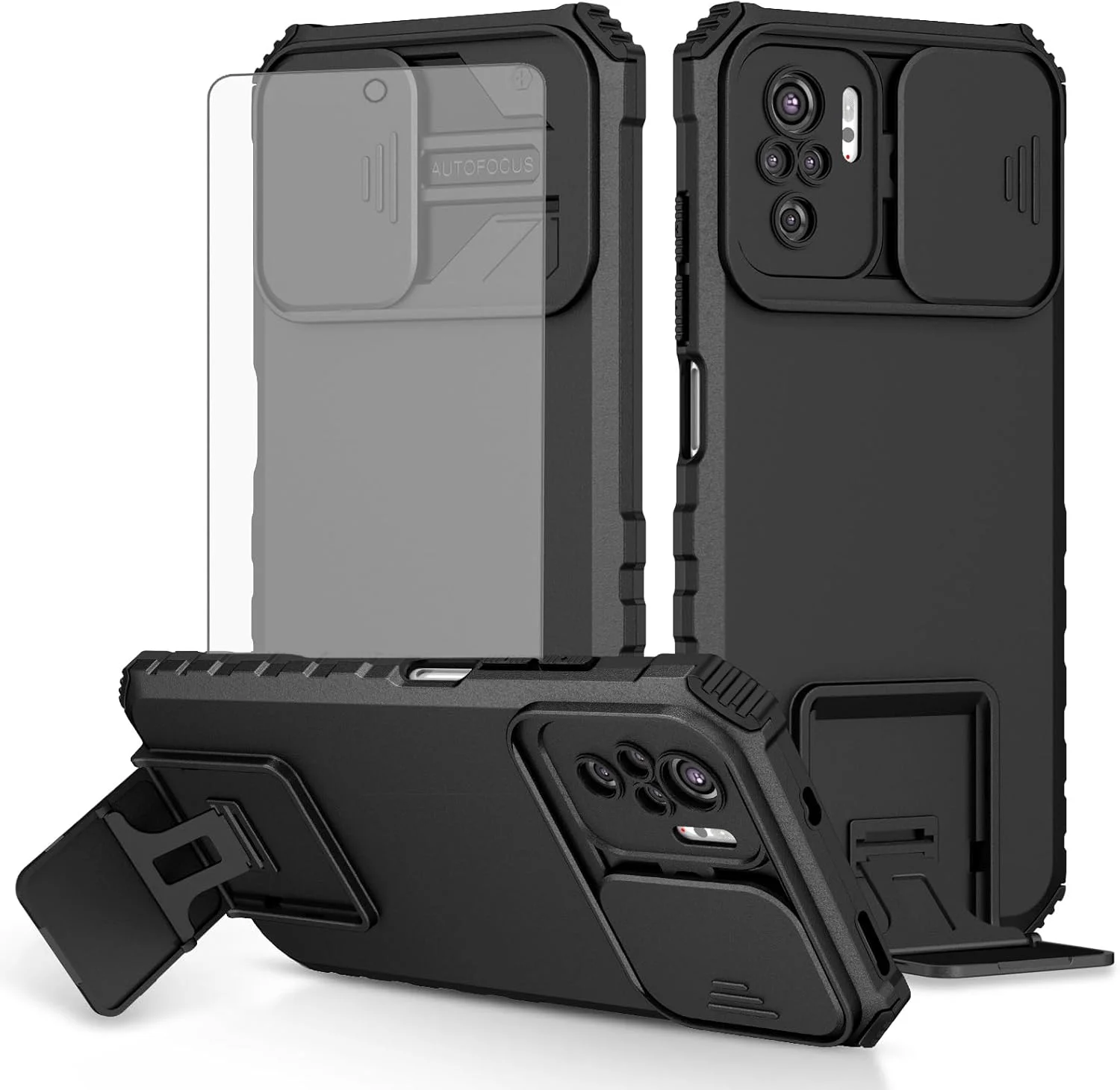 قاب گوشی آسویش برای شیائومی ردمی نوت 10/10S 4G به همراه محافظ صفحه نمایش شیشه ای و پوشش کشویی دوربین، دارای پایه نگهدارنده، باریک و محافظ، لوازم جانبی گوشی ردمی نوت 10 اس، مناسب برای خانم ها و آقایان - مشکی