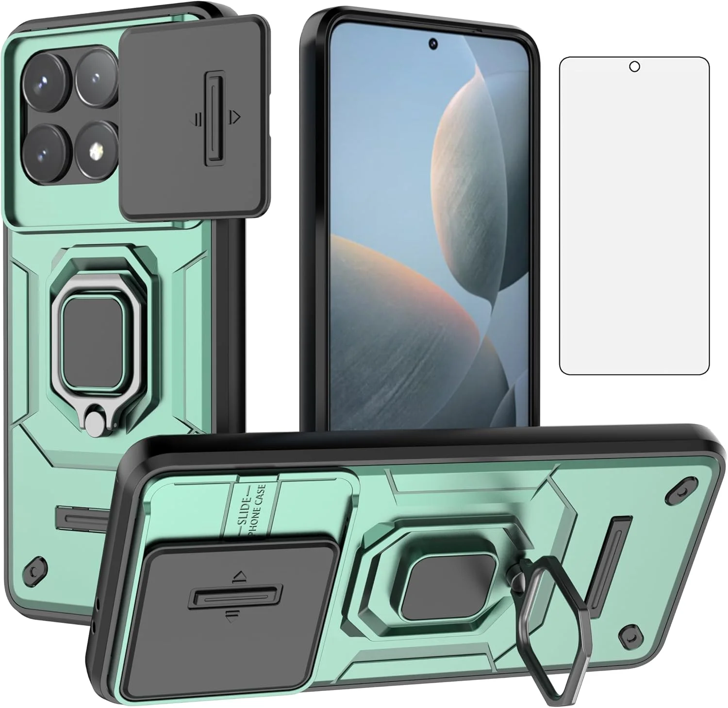 قاب گوشی آسویش برای شیائومی ردمی K70 / ردمی K70 پرو / پوکو F6 پرو به همراه محافظ لنز کشویی دوربین، محافظ صفحه نمایش شیشه ای حرارت دیده، حلقه نگهدارنده و استند، محافظ باریک و مقاوم - مناسب برای خانم ها - سبز
