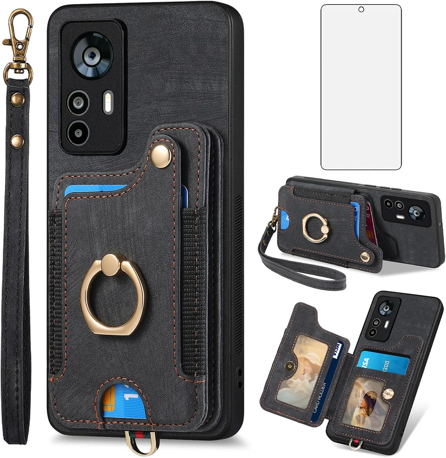 کیف پول گوشی Asuwish برای شیائومی 12T/12T Pro 5G به همراه محافظ صفحه نمایش شیشه ای حرارت دیده، بند مچی، جای کارت اعتباری RFID و استند انگشتی، لوازم جانبی موبایل Mi T12 12TPro مناسب بانوان و آقایان - مشکی