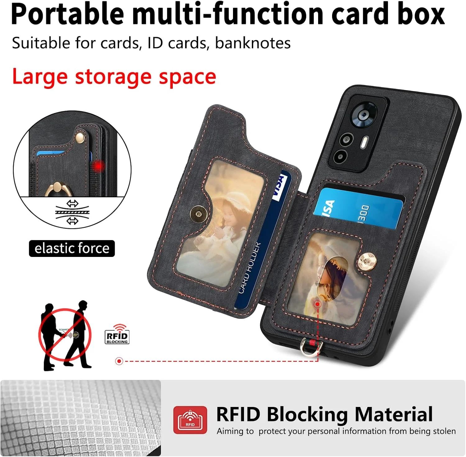 کیف پول گوشی Asuwish برای شیائومی 12T/12T Pro 5G به همراه محافظ صفحه نمایش شیشه ای حرارت دیده، بند مچی، جای کارت اعتباری RFID و استند انگشتی، لوازم جانبی موبایل Mi T12 12TPro مناسب بانوان و آقایان - مشکی