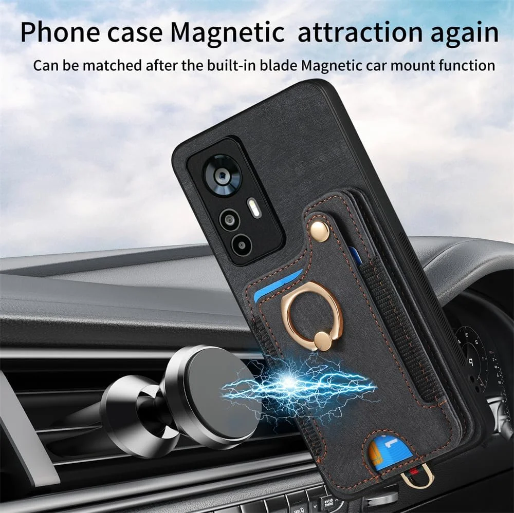 کیف پول گوشی Asuwish برای شیائومی 12T/12T Pro 5G به همراه محافظ صفحه نمایش شیشه ای حرارت دیده، بند مچی، جای کارت اعتباری RFID و استند انگشتی، لوازم جانبی موبایل Mi T12 12TPro مناسب بانوان و آقایان - مشکی