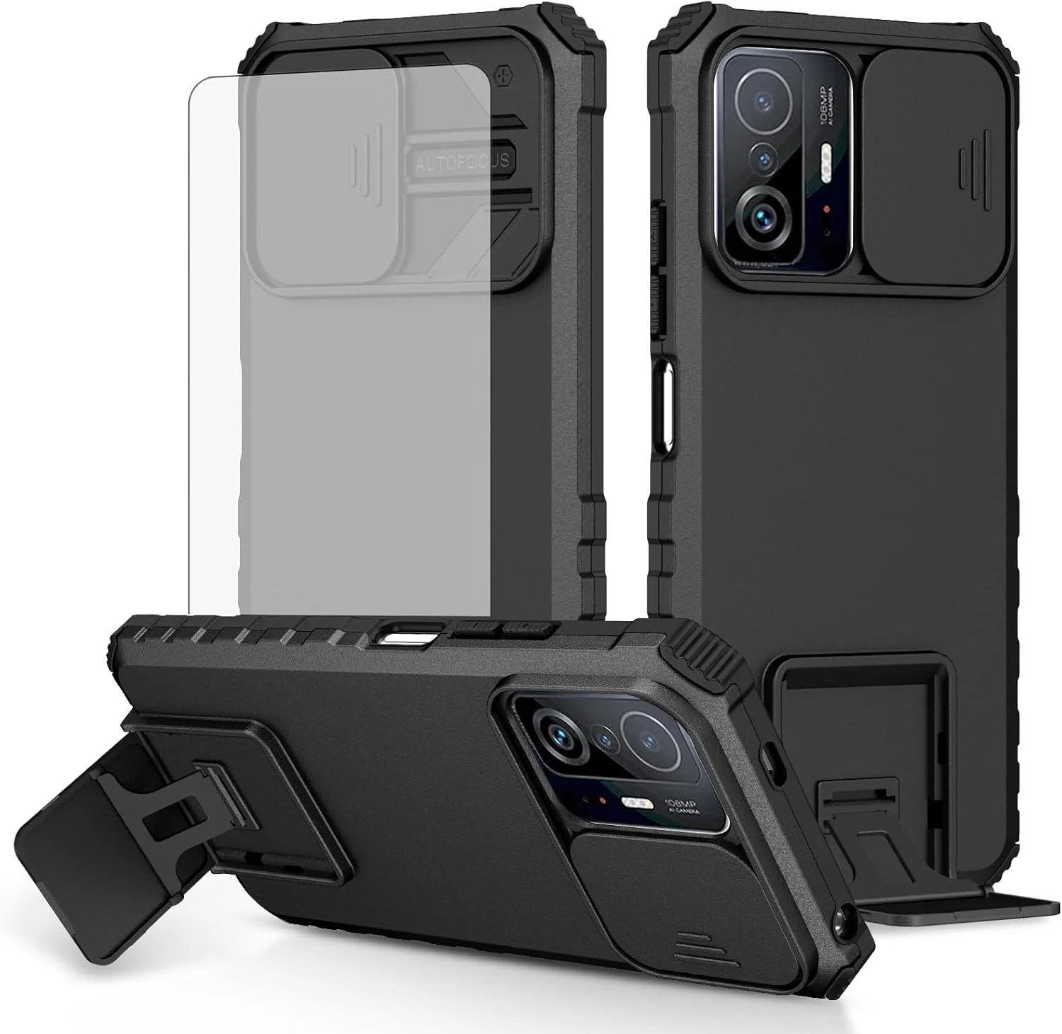 کاور گوشی آسویش برای شیائومی Mi 11T/Mi 11T Pro 5G به همراه محافظ صفحه نمایش شیشه ای و پوشش کشویی دوربین، دارای پایه استند، ضد ضربه، لوازم جانبی موبایل نرم، مناسب برای زنان و مردان، مشکی