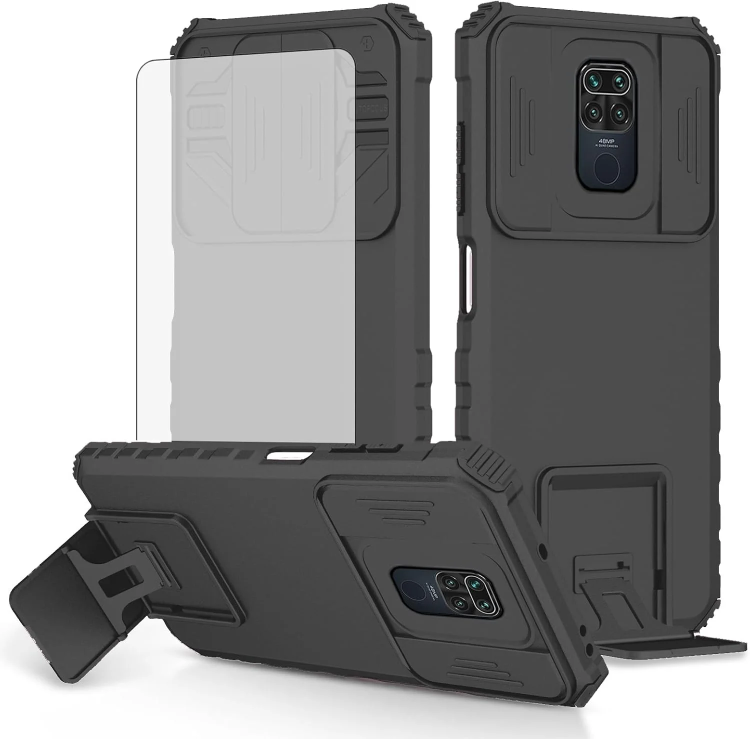 کاور گوشی آسویش برای شیائومی ردمی نوت 9 / ردمی 10X 4G به همراه محافظ صفحه نمایش شیشه ای و پوشش کشویی دوربین، دارای پایه نگهدارنده، ضد ضربه، لوازم جانبی نرم، مناسب برای خانم ها و آقایان - رنگ مشکی