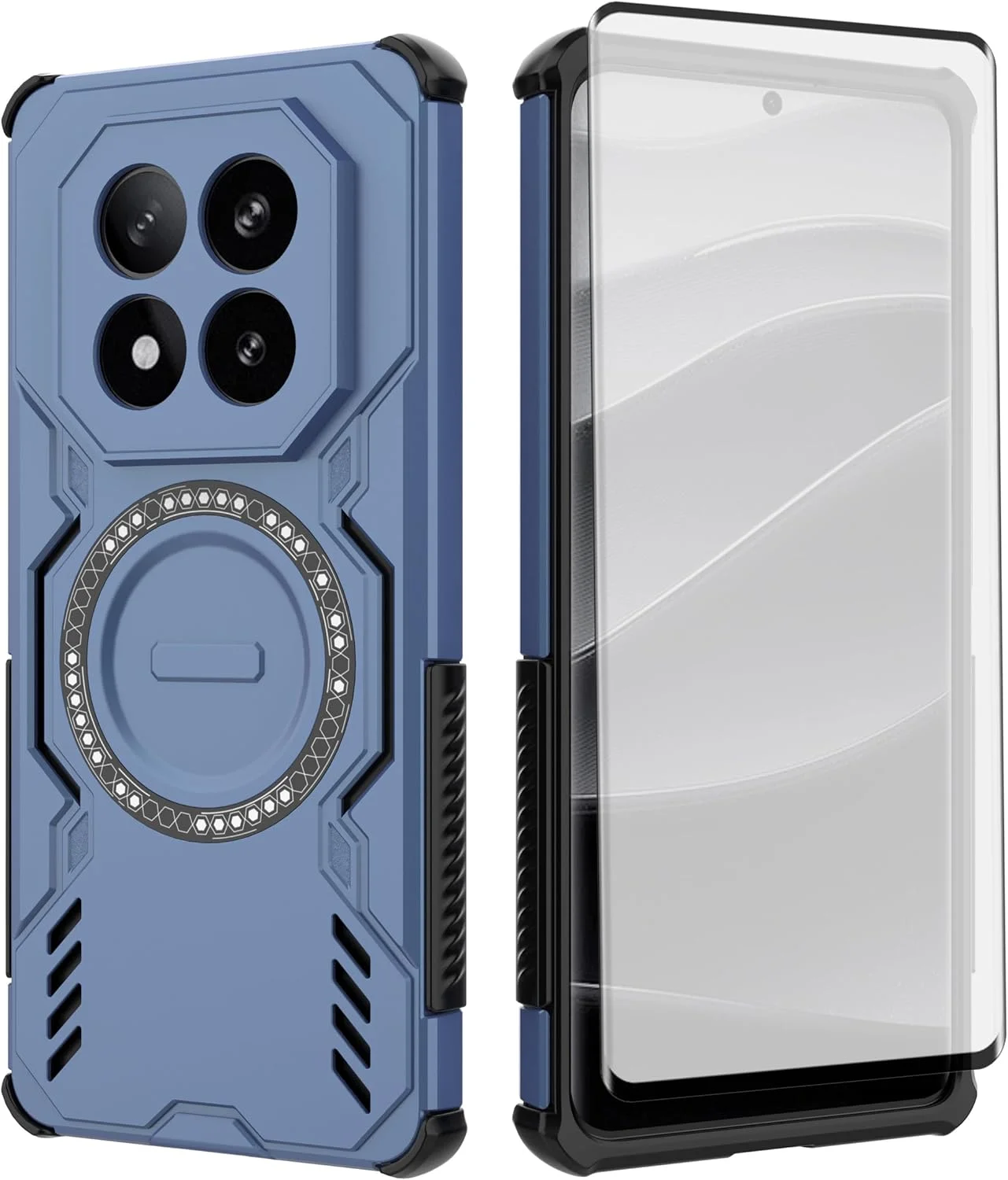 کاور گوشی آسویش برای شیائومی ردمی نوت 14 پرو پلاس 5G به همراه محافظ صفحه نمایش شیشه ای حرارت دیده، کاور مغناطیسی و لوازم جانبی محافظ ضد ضربه باریک و سخت برای گوشی 14Pro 14Pro+ پرو+ زنانه مردانه آبی