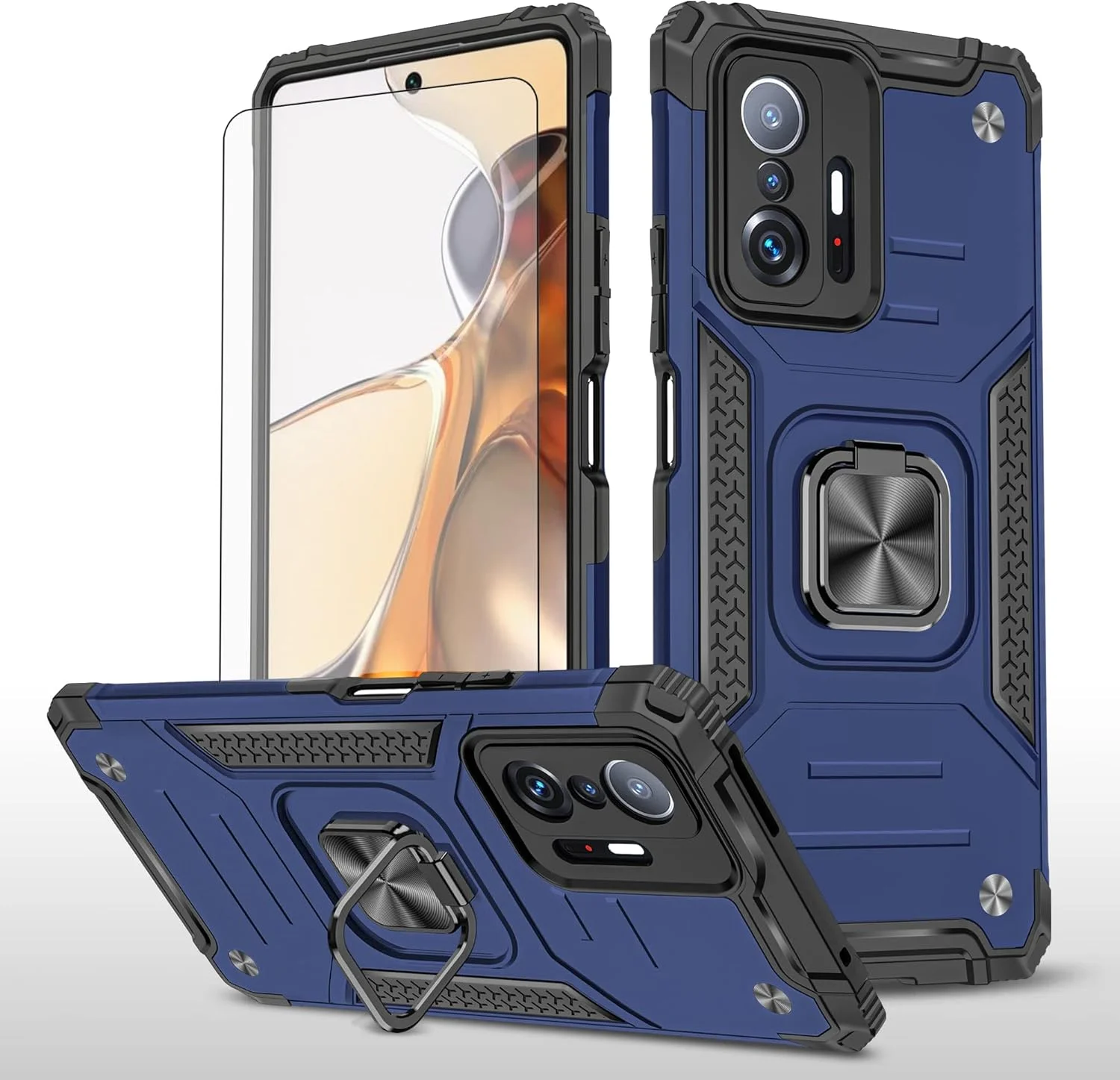 کاور گوشی آسویش برای شیائومی Mi 11T/Mi 11T Pro 5G به همراه محافظ صفحه نمایش شیشه ای و استند انگشتی حلقه ای باریک، محافظ هیبریدی، لوازم جانبی موبایل Mi11TPro T11 G5 آبی مناسب بانوان و آقایان