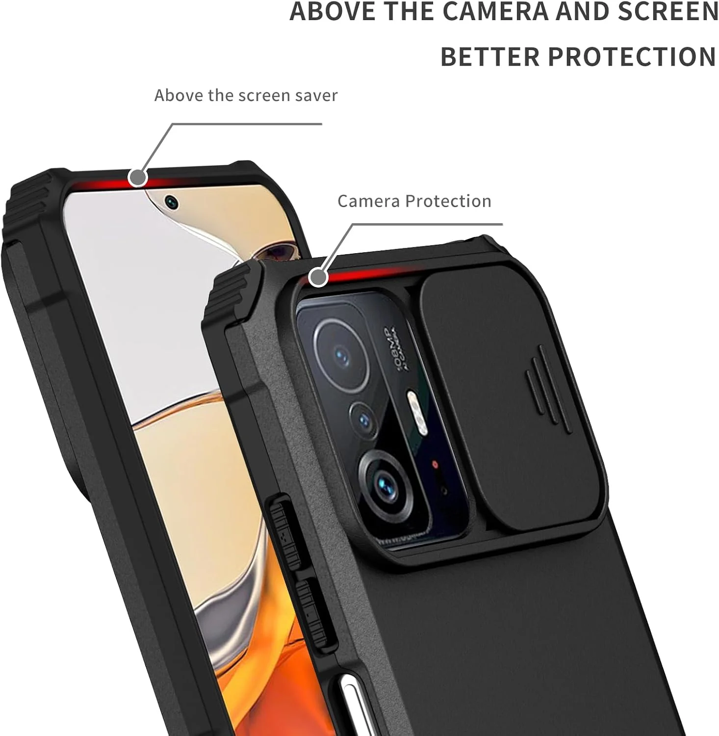 کاور گوشی آسویش برای شیائومی Mi 11T/Mi 11T Pro 5G به همراه محافظ صفحه نمایش شیشه ای و پوشش کشویی دوربین، دارای پایه استند، ضد ضربه، لوازم جانبی موبایل نرم، مناسب برای زنان و مردان، مشکی