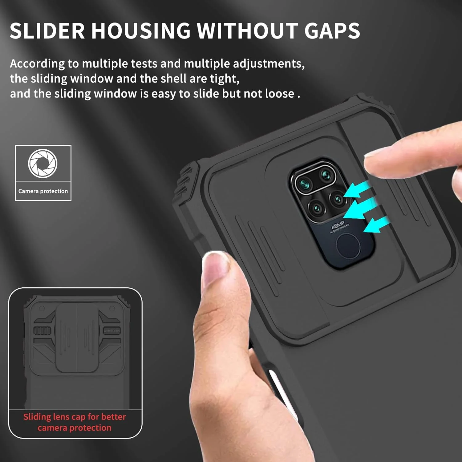 کاور گوشی آسویش برای شیائومی ردمی نوت 9 / ردمی 10X 4G به همراه محافظ صفحه نمایش شیشه ای و پوشش کشویی دوربین، دارای پایه نگهدارنده، ضد ضربه، لوازم جانبی نرم، مناسب برای خانم ها و آقایان - رنگ مشکی