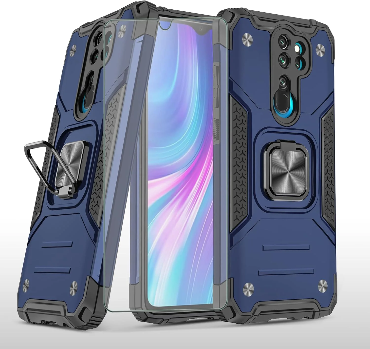 قاب گوشی آسویش برای شیائومی ردمی نوت 8 پرو به همراه محافظ صفحه نمایش شیشه ای و پایه نگهدارنده انگشتی، باریک، محافظ هیبریدی، لوازم جانبی موبایل، ردمی نوت 8 پرو، آبی