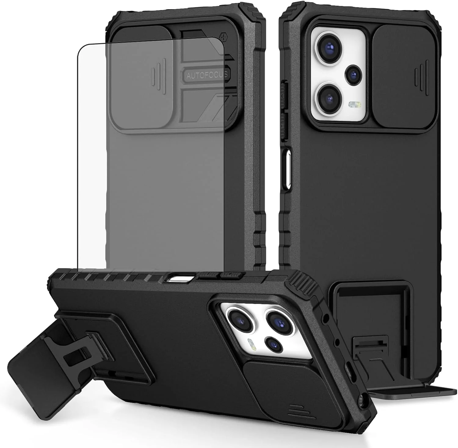 قاب گوشی آسویش برای شیائومی پوکو X5 پرو/ردمی نوت 12 پرو 5G به همراه محافظ صفحه نمایش شیشه ای و پوشش کشویی دوربین، پایه استند محافظ لوازم جانبی موبایل X5Pro 12Pro مناسب بانوان و آقایان - مشکی