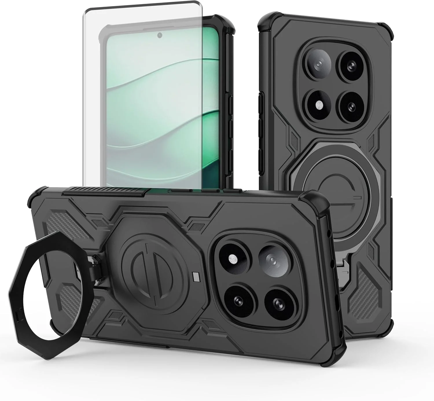 کاور گوشی آسویش برای شیائومی ردمی نوت 14 پرو 5G به همراه محافظ صفحه نمایش شیشه ای و استند انگشتی مغناطیسی، کاور محافظ سخت هیبریدی موبایل، لوازم جانبی مردانه و زنانه، مشکی کاور گوشی آسویش برای شیائومی ردمی نوت 14 پرو 5G به همراه محافظ صفحه نمایش شیشه ای و استند انگشتی مغناطیسی، کاور محافظ سخت هیبریدی موبایل، لوازم جانبی مردانه و زنانه، مشکی