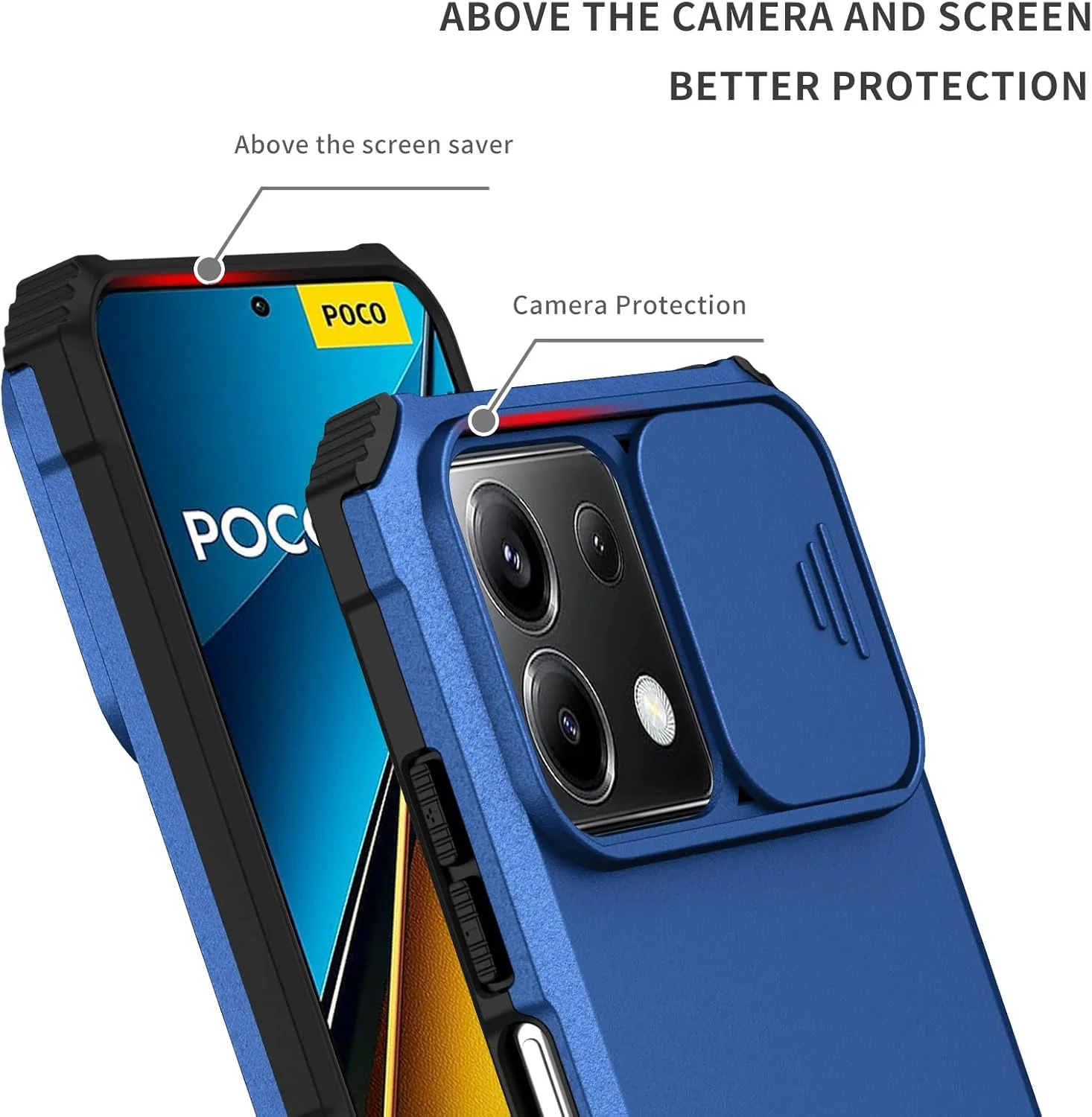 کاور گوشی آسویش برای شیائومی ردمی نوت 13 پرو 5G / پوکو X6 به همراه محافظ صفحه نمایش شیشه ای و محافظ کشویی دوربین، دارای پایه نگهدارنده، ضد ضربه، نرم و باریک، مناسب برای خانم ها و آقایان - آبی