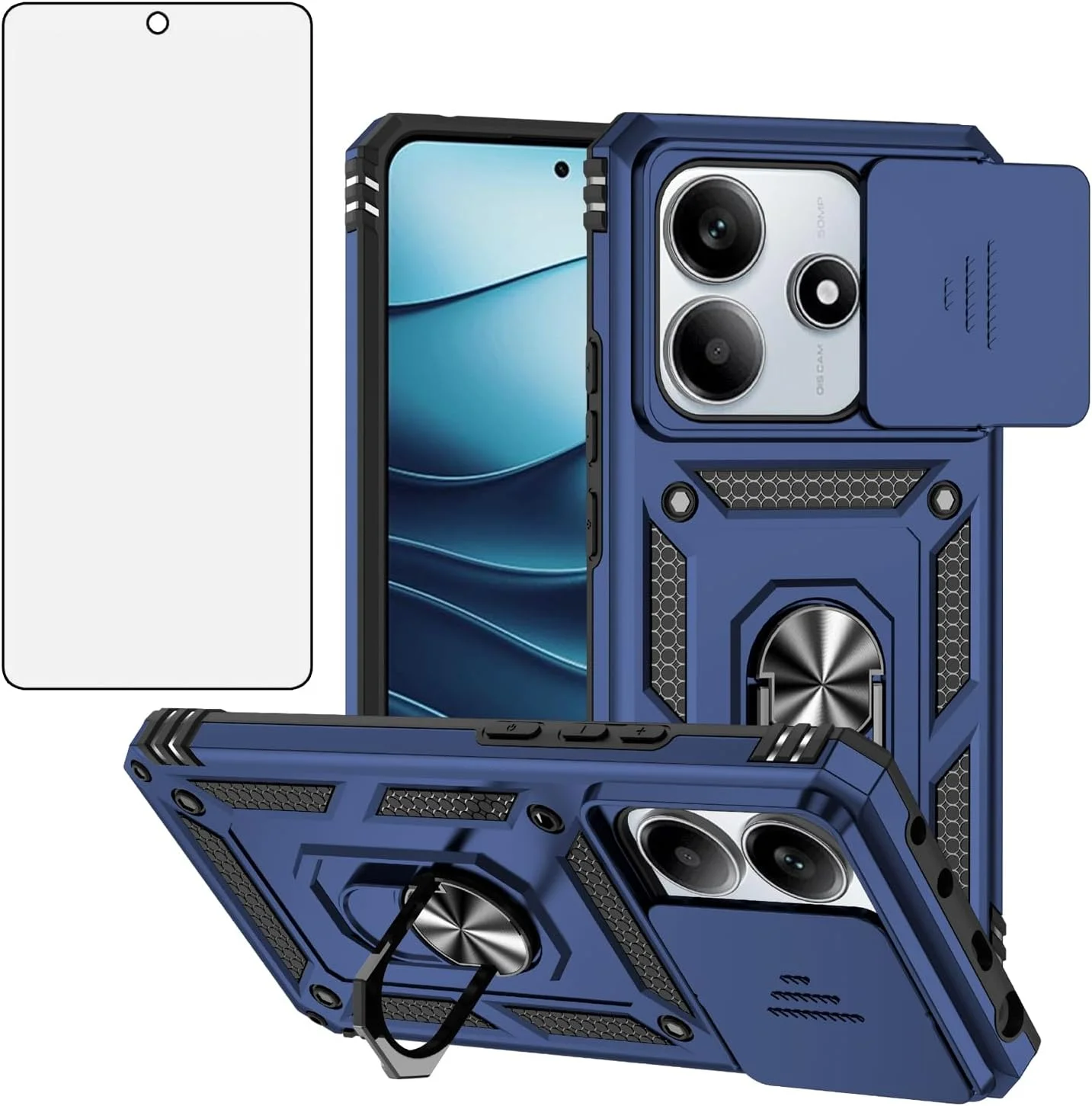 کاور گوشی موبایل سازگار با شیائومی ردمی نوت 14 5G، دارای محافظ لنز کشویی دوربین، محافظ صفحه نمایش شیشه ای حرارت دیده، حلقه نگهدارنده، مقاوم و باریک، محافظ تلفن همراه، مناسب بانوان و آقایان، آبی