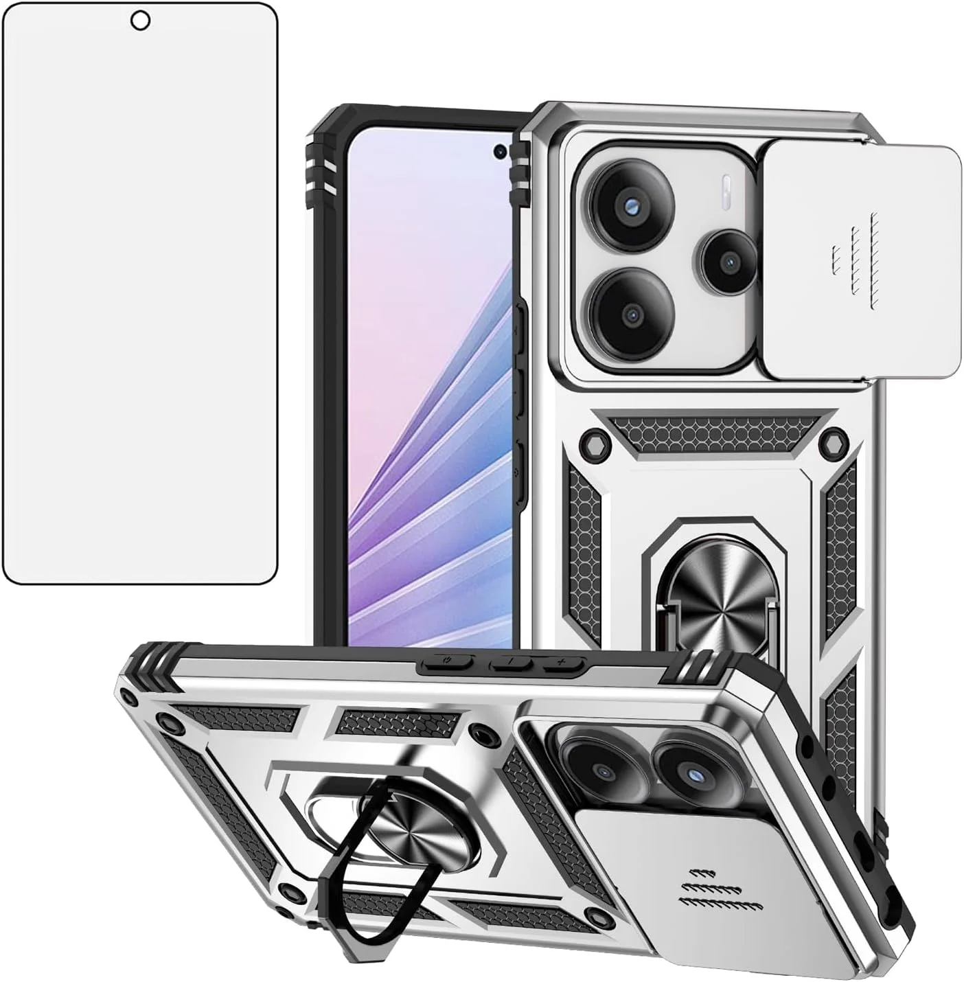 کاور گوشی موبایل سازگار با شیائومی ردمی نوت 14 4G، دارای محافظ لنز کشویی، محافظ صفحه نمایش شیشه ای حرارت دیده، حلقه نگهدارنده، استند، مقاوم، باریک، محافظ تلفن همراه، مناسب بانوان و آقایان، درجه نظامی، هایبرید، سفید