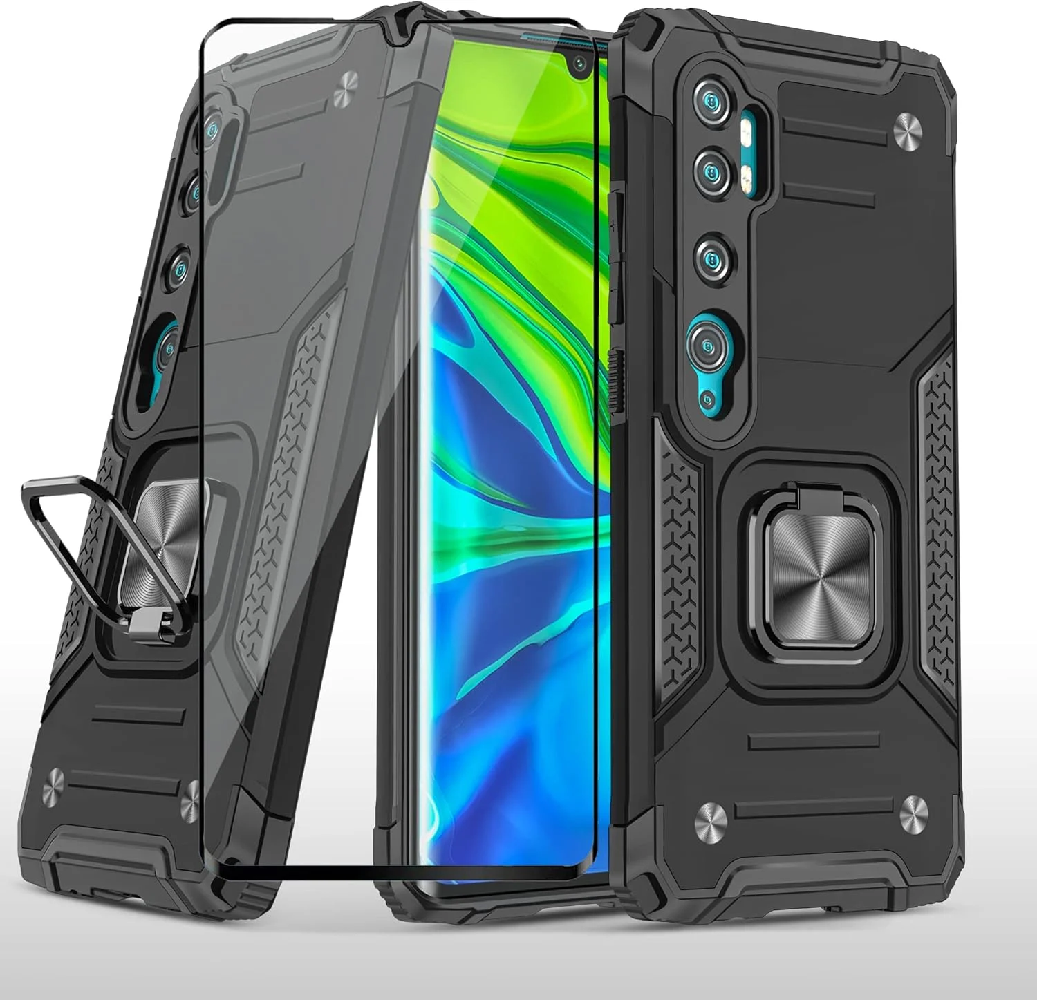 کاور گوشی آسویش برای شیائومی می نوت 10/نوت 10 پرو/سی سی 9 پرو به همراه محافظ صفحه نمایش شیشه ای و استند انگشتی حلقه ای، باریک و محافظ، لوازم جانبی گوشی می نوت 10، 10 پرو، مناسب خانم ها و آقایان - مشکی