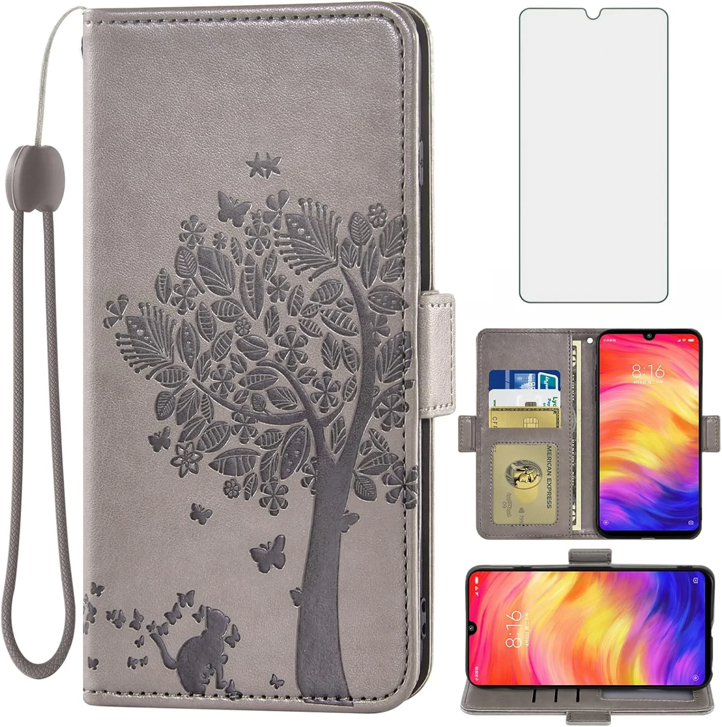 کیف پول گوشی سازگار با شیائومی ردمی نوت 7/7 پرو به همراه محافظ صفحه نمایش شیشه ای، بند مچی و جای کارت، مناسب برای ردمی نوت 7 پرو 7s، خاکستری