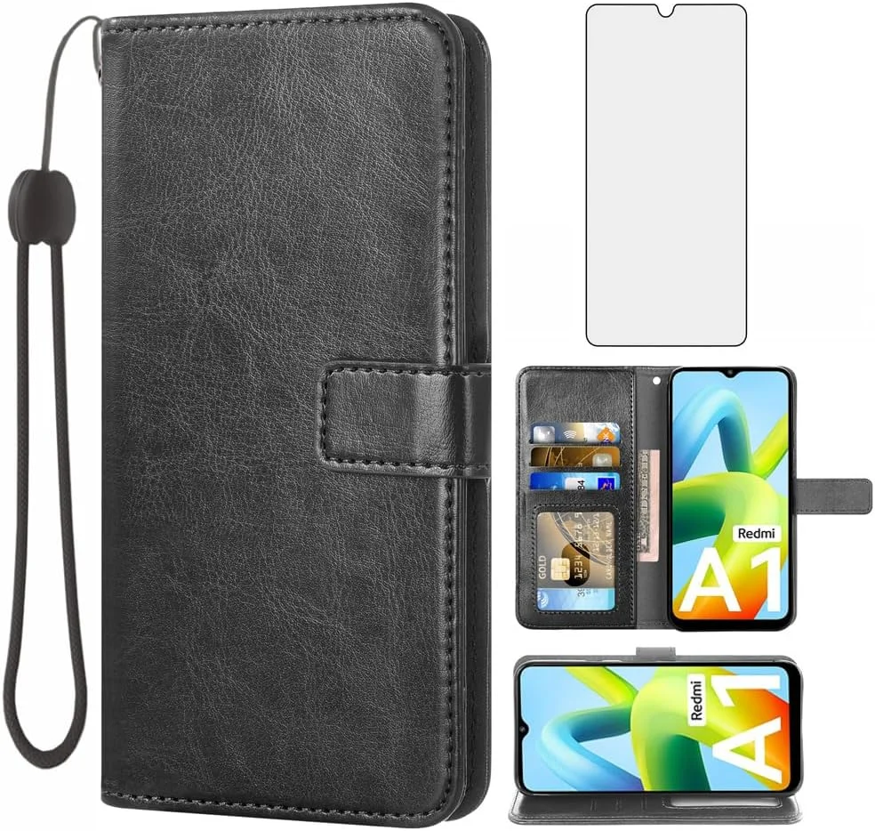 کیف پول چرمی Asuwish سازگار با Xiaomi Redmi A1، محافظ صفحه نمایش شیشه ای حرارت دیده و کیف تاشو دارای جای کارت، لوازم جانبی تلفن همراه برای Redmi A1 2022، مناسب برای خانم ها و آقایان - مشکی