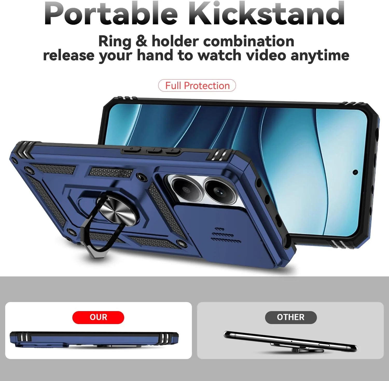 کاور گوشی موبایل سازگار با شیائومی ردمی نوت 14 5G، دارای محافظ لنز کشویی دوربین، محافظ صفحه نمایش شیشه ای حرارت دیده، حلقه نگهدارنده، مقاوم و باریک، محافظ تلفن همراه، مناسب بانوان و آقایان، آبی